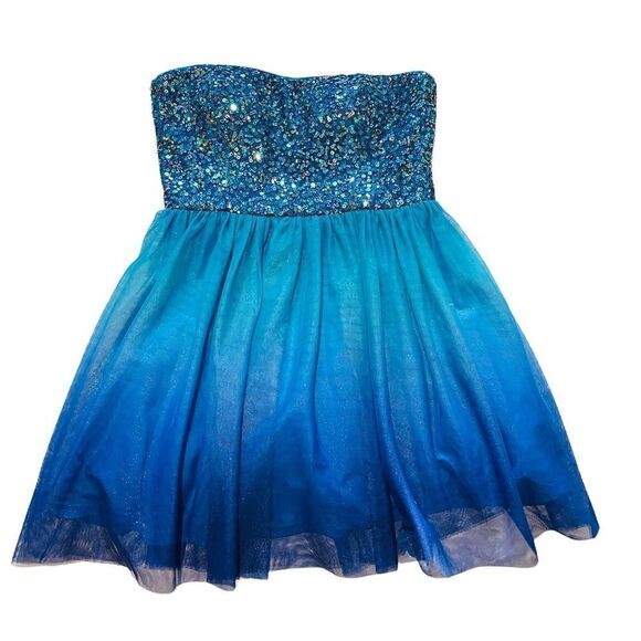 𝅺ADRIANNA Papell Hailey Logan Blue Ombre Sequin Prom Graduation Semi Dress - Picture 11 of 16